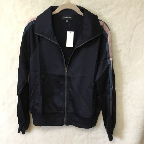 Shopeunoia Boutique Jackets & Blazers - Navy Multicolor Stripe Detail Zip-Up Front Sports Jacket